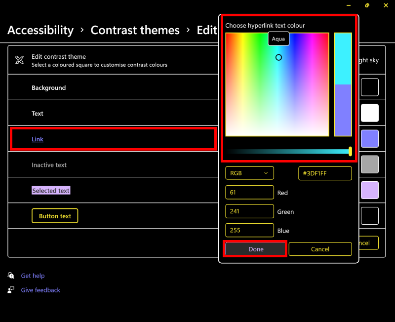 Select a theme element then pick a new colour from the palette. Click Done.